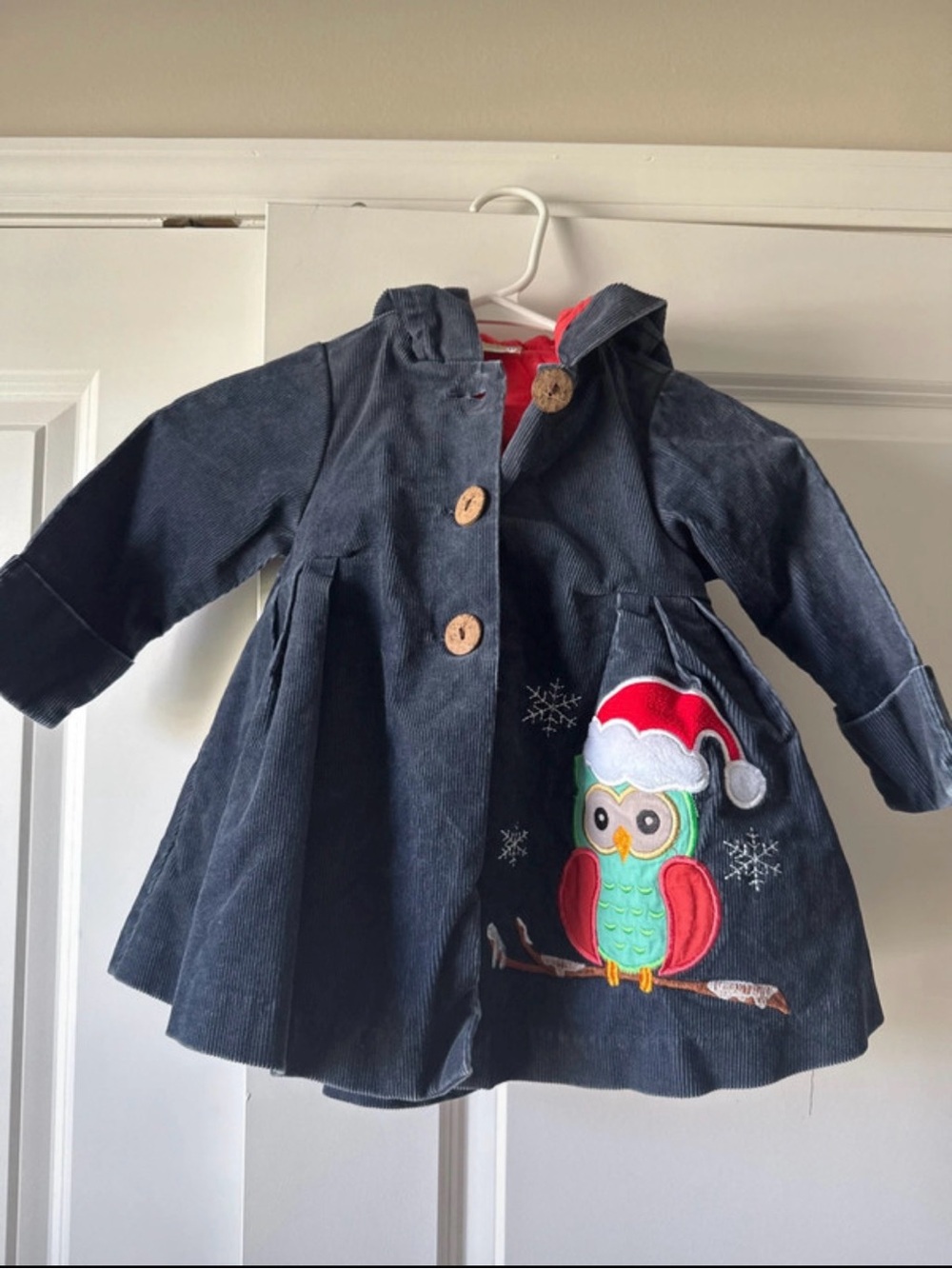 Girls Navy Corduroy Hooded Pea Coat with Festive Owl